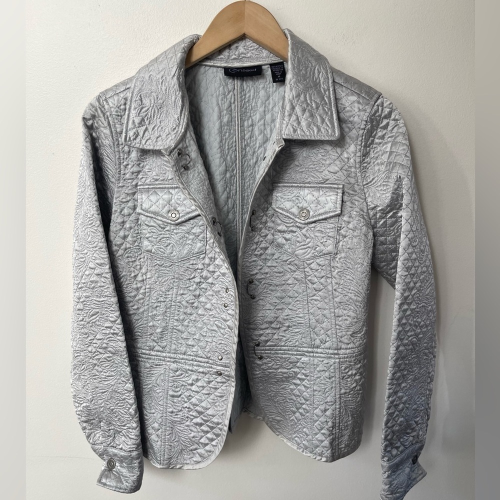 Context Womens Quilted Silver Metallic Size M Hook Closure Size M Jacket